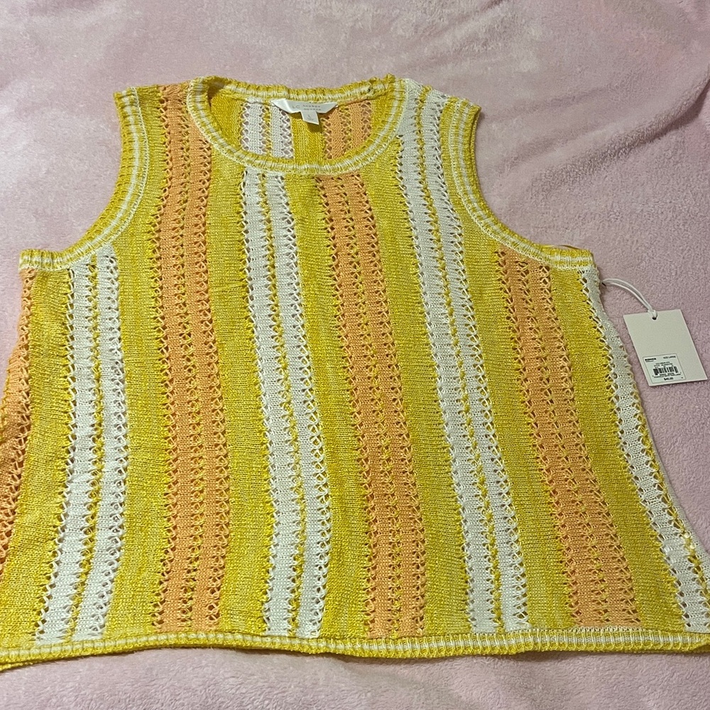LC Lauren Conrad Yellow, Orange & White Pointelle Sweater Tank Top.